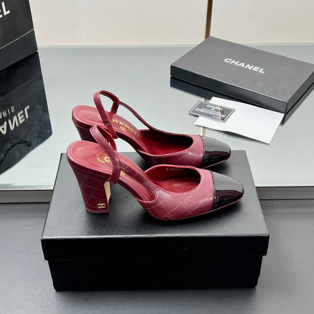 CC SLINGBACK 25S 90 MM IN BURGUNDY LAMBSKIN AND BLACK GLOSSY LEATHER WITH CHECK PATTERN