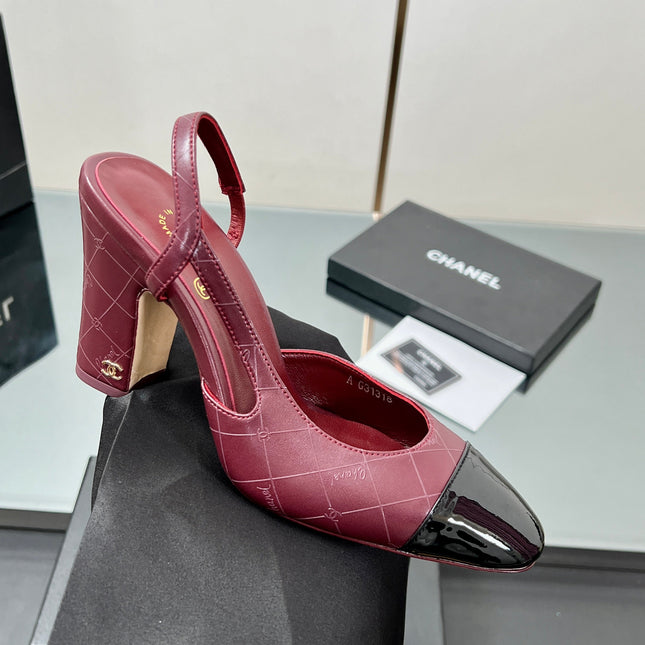CC SLINGBACK 25S 90 MM IN BURGUNDY LAMBSKIN AND BLACK GLOSSY LEATHER WITH CHECK PATTERN