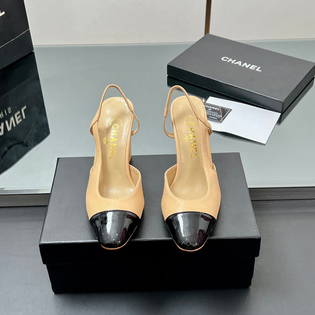 CC SLINGBACK 25S 90 MM IN BEIGE LAMBSKIN AND BLACK GLOSSY LEATHER WITH CHECK PATTERN