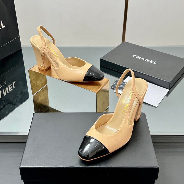CC SLINGBACK 25S 90 MM IN BEIGE LAMBSKIN AND BLACK GLOSSY LEATHER WITH CHECK PATTERN