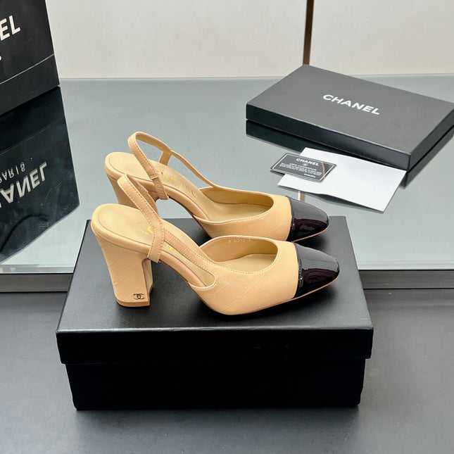 CC SLINGBACK 25S 90 MM IN BEIGE LAMBSKIN AND BLACK GLOSSY LEATHER WITH CHECK PATTERN