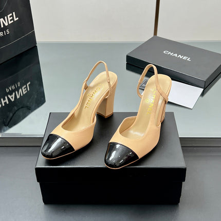 CC SLINGBACK 25S 90 MM IN BEIGE LAMBSKIN AND BLACK GLOSSY LEATHER WITH CHECK PATTERN