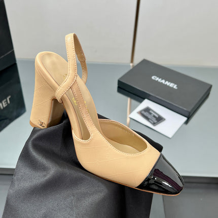 CC SLINGBACK 25S 90 MM IN BEIGE LAMBSKIN AND BLACK GLOSSY LEATHER WITH CHECK PATTERN