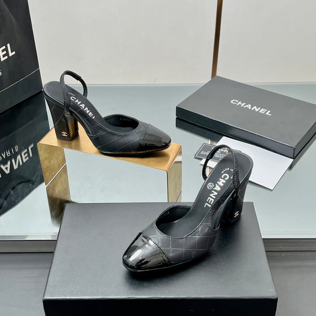 CC SLINGBACK 25S 90 MM IN BLACK LAMBSKIN WITH CHECK PATTERN