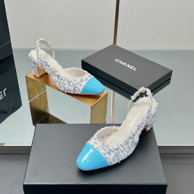 CC SLINGBACK 25S 65 MM IN BLUE TWEED AND GLOSSY LEATHER