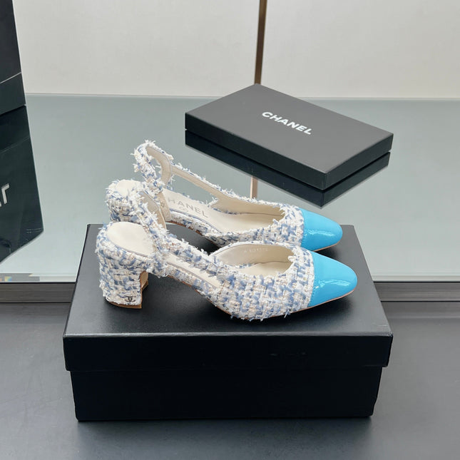 CC SLINGBACK 25S 65 MM IN BLUE TWEED AND GLOSSY LEATHER