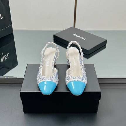 CC SLINGBACK 25S 65 MM IN BLUE TWEED AND GLOSSY LEATHER