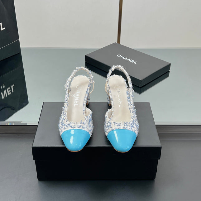 CC SLINGBACK 25S 65 MM IN BLUE TWEED AND GLOSSY LEATHER