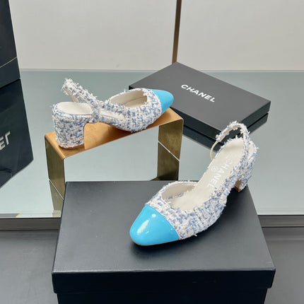 CC SLINGBACK 25S 65 MM IN BLUE TWEED AND GLOSSY LEATHER