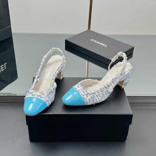 CC SLINGBACK 25S 65 MM IN BLUE TWEED AND GLOSSY LEATHER