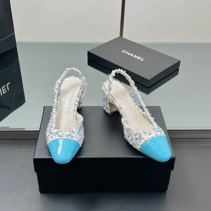 CC SLINGBACK 25S 65 MM IN BLUE TWEED AND GLOSSY LEATHER