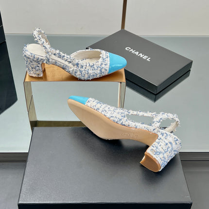 CC SLINGBACK 25S 65 MM IN BLUE TWEED AND GLOSSY LEATHER