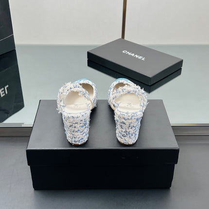 CC SLINGBACK 25S 65 MM IN BLUE TWEED AND GLOSSY LEATHER