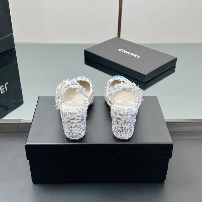 CC SLINGBACK 25S 65 MM IN BLUE TWEED AND GLOSSY LEATHER