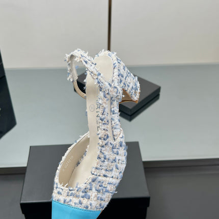 CC SLINGBACK 25S 65 MM IN BLUE TWEED AND GLOSSY LEATHER