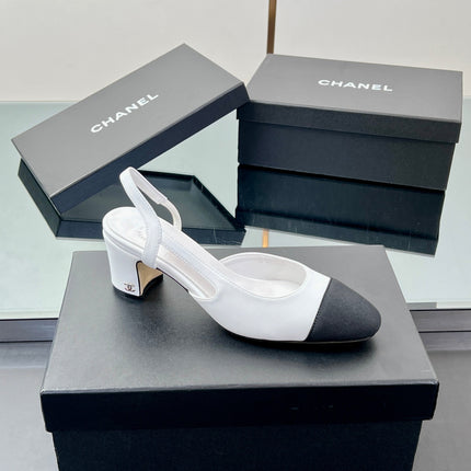 CC SLINGBACK 25S 65 MM IN WHITE LAMBSKIN AND BLACK FABRIC