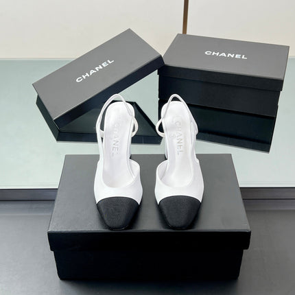 CC SLINGBACK 25S 65 MM IN WHITE LAMBSKIN AND BLACK FABRIC