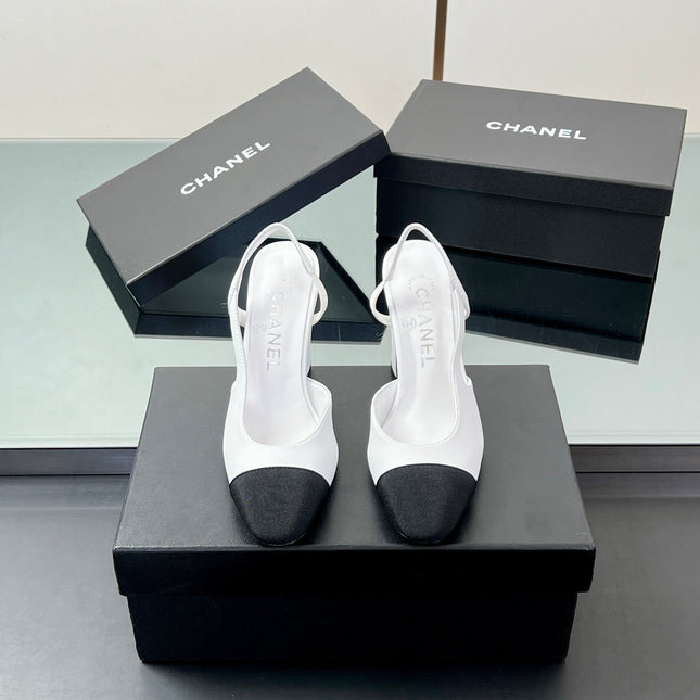 CC SLINGBACK 25S 65 MM IN WHITE LAMBSKIN AND BLACK FABRIC