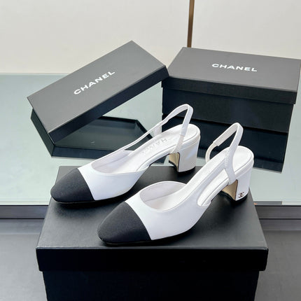 CC SLINGBACK 25S 65 MM IN WHITE LAMBSKIN AND BLACK FABRIC