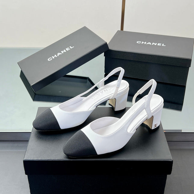 CC SLINGBACK 25S 65 MM IN WHITE LAMBSKIN AND BLACK FABRIC
