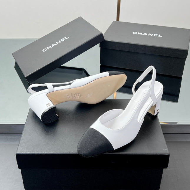 CC SLINGBACK 25S 65 MM IN WHITE LAMBSKIN AND BLACK FABRIC