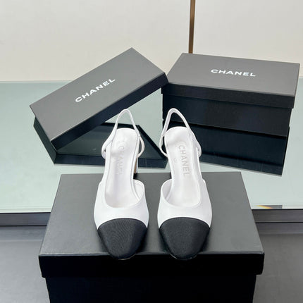 CC SLINGBACK 25S 65 MM IN WHITE LAMBSKIN AND BLACK FABRIC