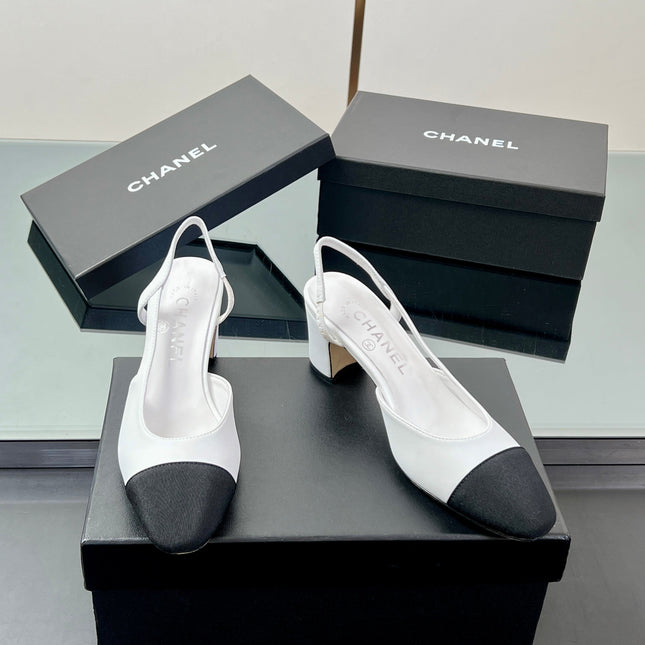 CC SLINGBACK 25S 65 MM IN WHITE LAMBSKIN AND BLACK FABRIC