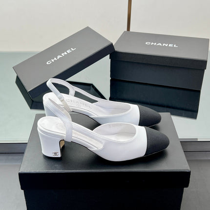 CC SLINGBACK 25S 65 MM IN WHITE LAMBSKIN AND BLACK FABRIC