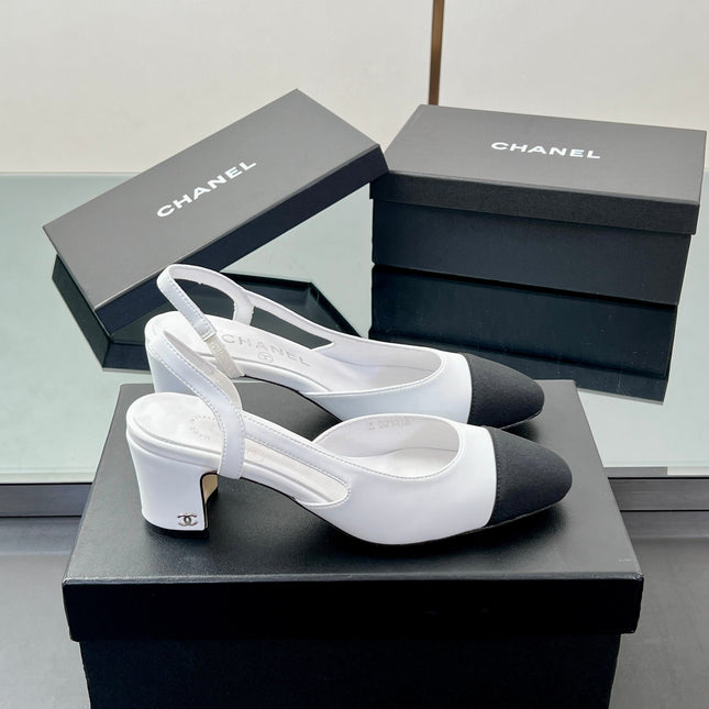 CC SLINGBACK 25S 65 MM IN WHITE LAMBSKIN AND BLACK FABRIC