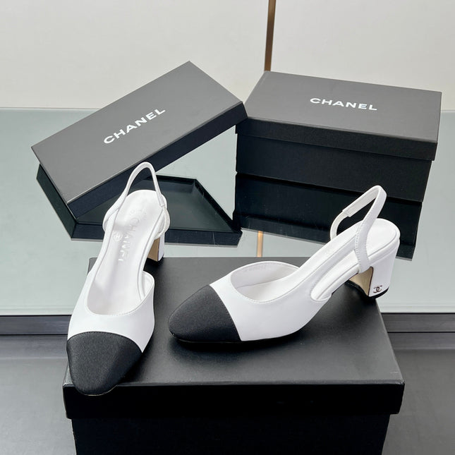 CC SLINGBACK 25S 65 MM IN WHITE LAMBSKIN AND BLACK FABRIC