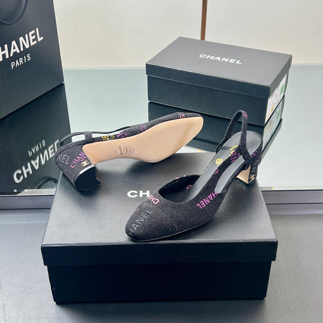 CC SLINGBACK 25S 65 MM IN BLACK FABRIC PRINT BRAND LOGO