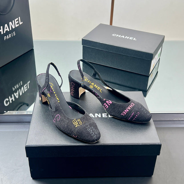CC SLINGBACK 25S 65 MM IN BLACK FABRIC PRINT BRAND LOGO