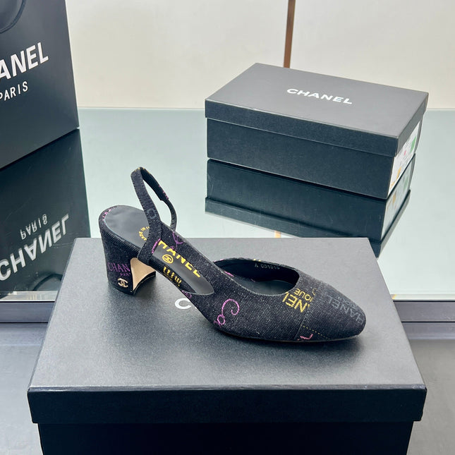 CC SLINGBACK 25S 65 MM IN BLACK FABRIC PRINT BRAND LOGO