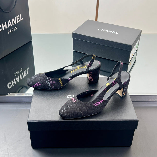 CC SLINGBACK 25S 65 MM IN BLACK FABRIC PRINT BRAND LOGO