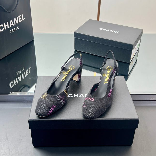 CC SLINGBACK 25S 65 MM IN BLACK FABRIC PRINT BRAND LOGO