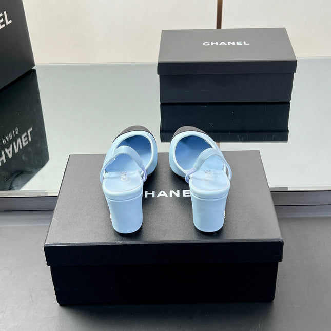 CC HIGH SLINGBACK 25S 65 MM IN BLACK FABRIC AND BLUE LAMBSKIN