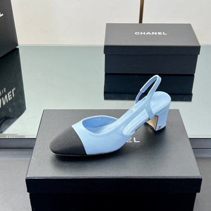 CC HIGH SLINGBACK 25S 65 MM IN BLACK FABRIC AND BLUE LAMBSKIN