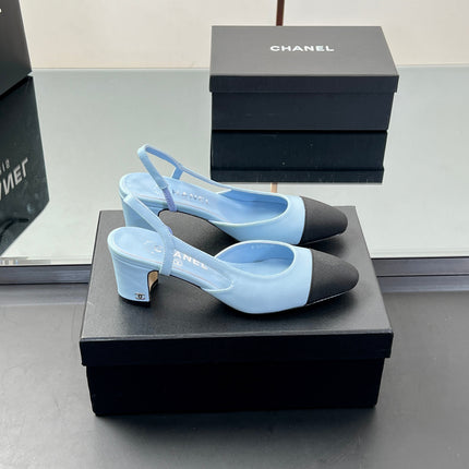 CC HIGH SLINGBACK 25S 65 MM IN BLACK FABRIC AND BLUE LAMBSKIN