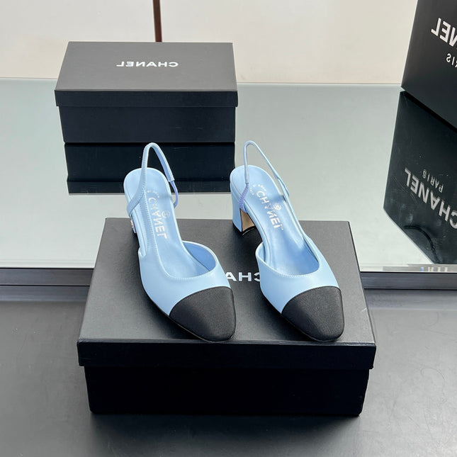 CC HIGH SLINGBACK 25S 65 MM IN BLACK FABRIC AND BLUE LAMBSKIN