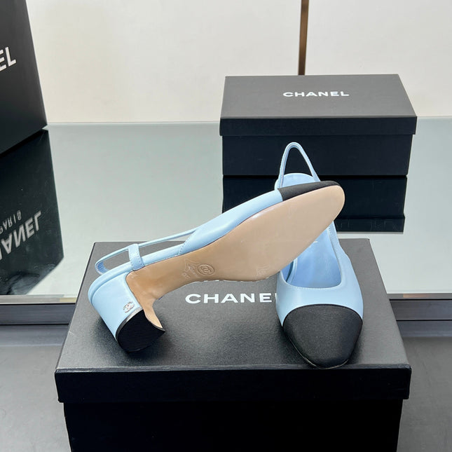 CC HIGH SLINGBACK 25S 65 MM IN BLACK FABRIC AND BLUE LAMBSKIN