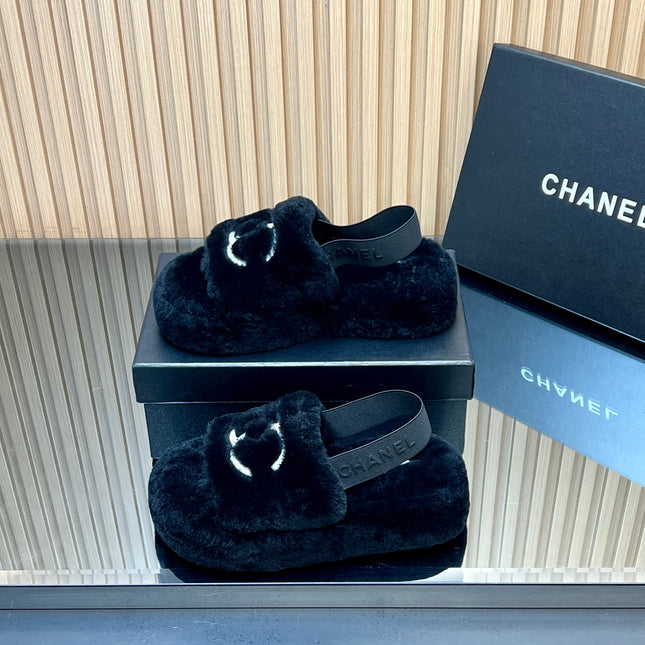 CHANEL 25S THICK-SOLED FURRY SLIPPERS WITH ELASTIC STRAPS IN BLACK FUR