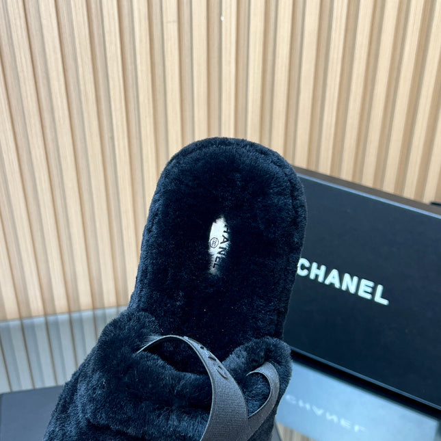 CHANEL 25S THICK-SOLED FURRY SLIPPERS WITH ELASTIC STRAPS IN BLACK FUR