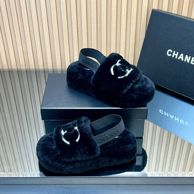 CHANEL 25S THICK-SOLED FURRY SLIPPERS WITH ELASTIC STRAPS IN BLACK FUR