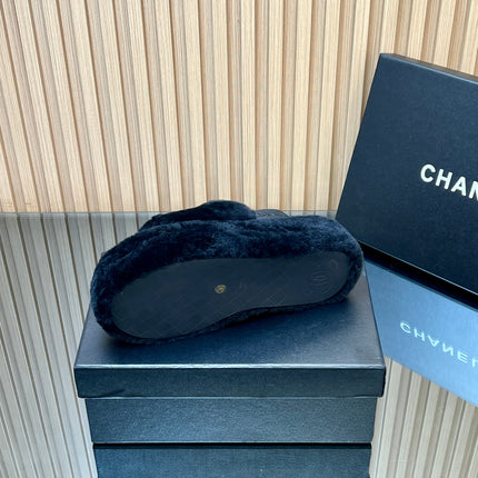 CHANEL 25S THICK-SOLED FURRY SLIPPERS WITH ELASTIC STRAPS IN BLACK FUR