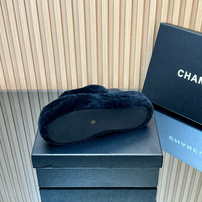 CHANEL 25S THICK-SOLED FURRY SLIPPERS WITH ELASTIC STRAPS IN BLACK FUR