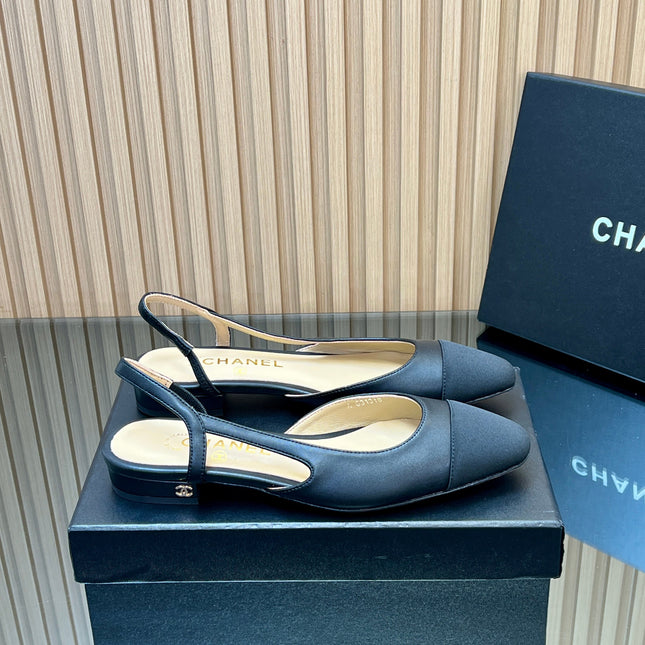 CHANEL 25S SLINGBACK SHOE FLATS IN BLACK SILK
