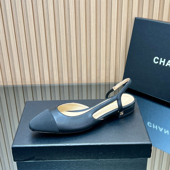 CHANEL 25S SLINGBACK SHOE FLATS IN BLACK SILK