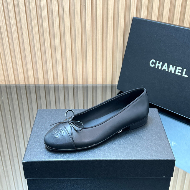 CHANEL 25S BALLET FLATS 20MM IN BLACK CALFSKIN WITH BOW