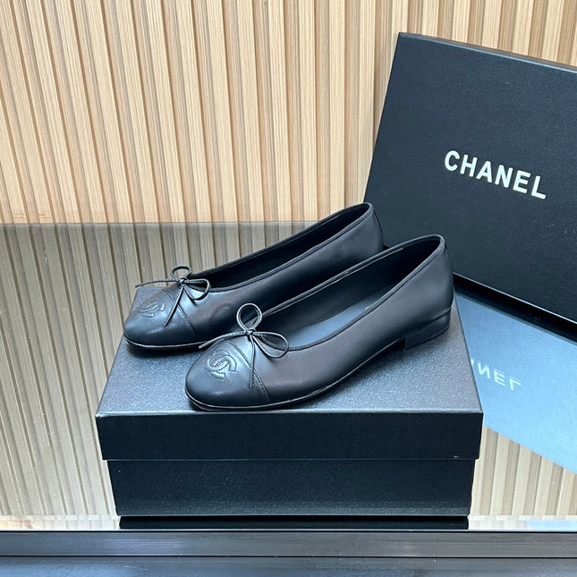 CHANEL 25S BALLET FLATS 20MM IN BLACK CALFSKIN WITH BOW