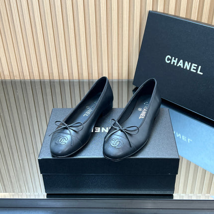 CHANEL 25S BALLET FLATS 20MM IN BLACK CALFSKIN WITH BOW